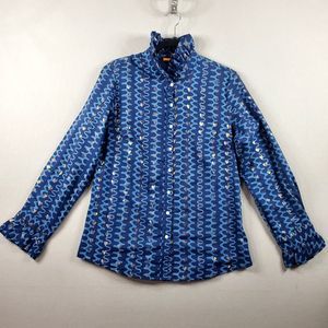 Oliphant Button Front Top Sz L Ruffle Collar & Cuff Geometric Hearts
